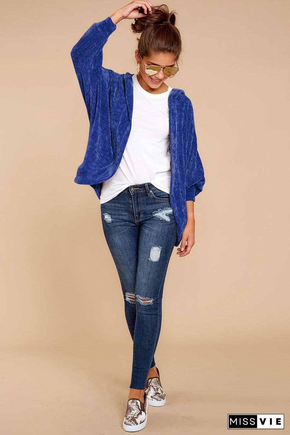 Thicken Plain Loose Velvet Coat With Hat