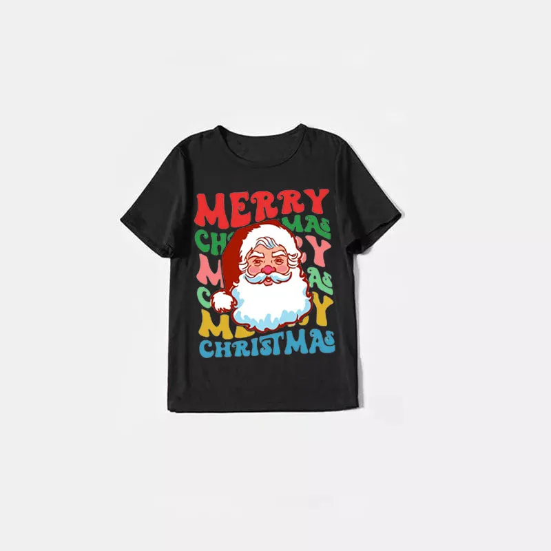 Colorful "Merry Christmas" and Santa Claus Print Black Short Sleeve with Red & Black Plaid Pant Family Matching Pajamas