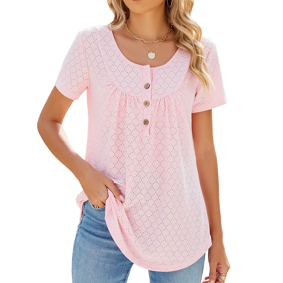 Churchf Churchf 2024 New Circle Draw Pleated Button Short Sleeve Swallow-Tailed T-Shirt Top