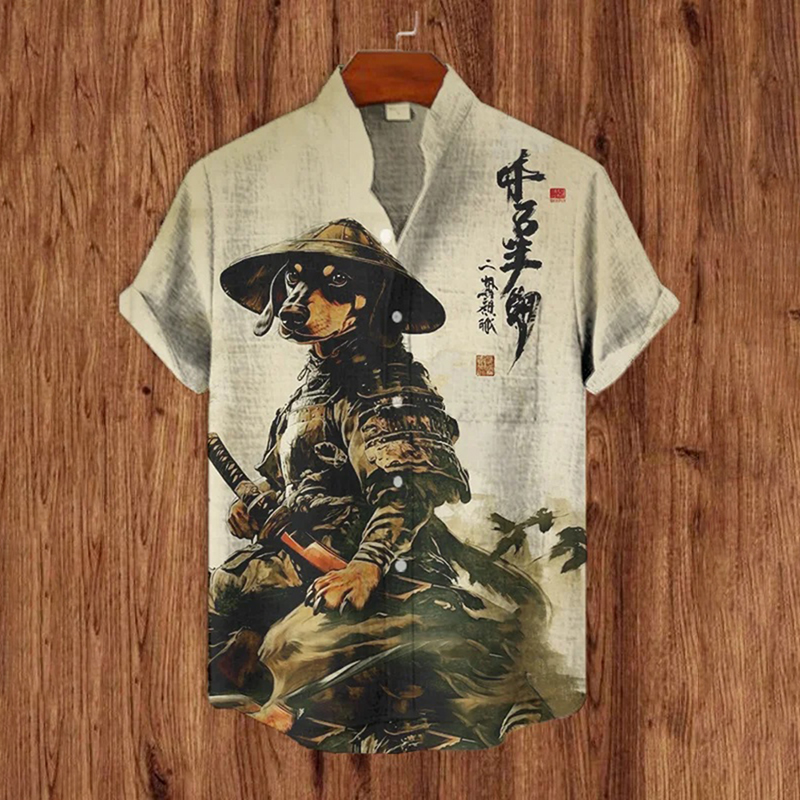 Men's Cool Dachshund Dog Samurai Print Short Sleeve Shirt  artssus
