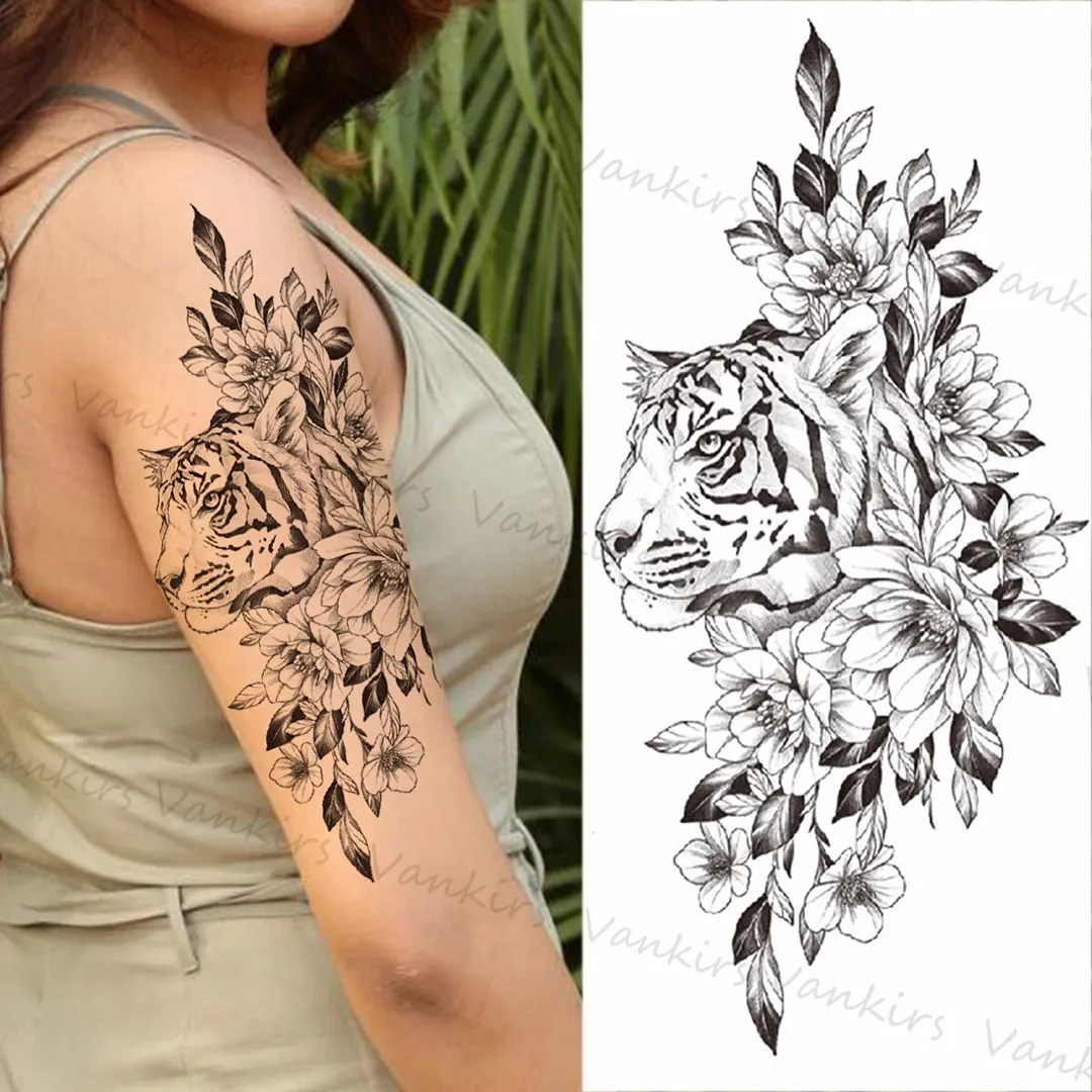 Sdrawing Skeleton Snake Flower Temporary Tattoos For Women Girls Realistic Snake Wolf Tribal Fake Tattoo Sticker Arm Waist Tatoo 3D