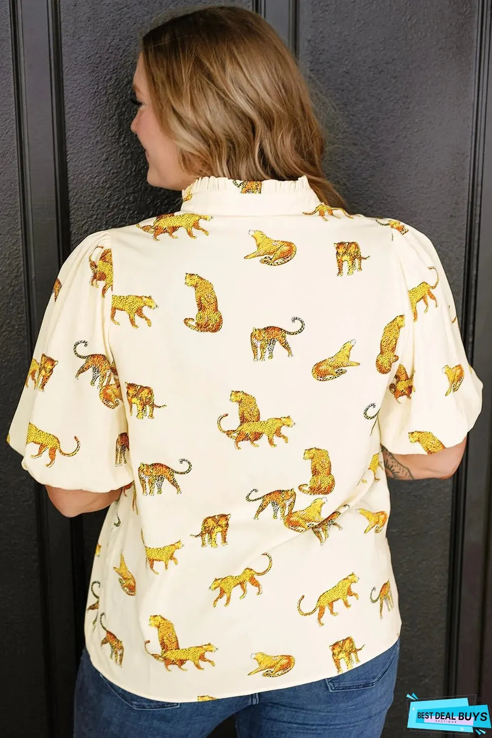 Beige Plus Size Cheetah Print Short Puff Sleeve Blouse