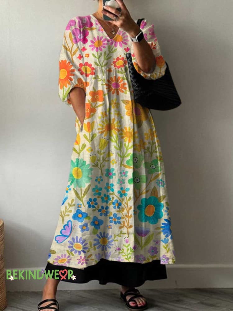 Women&rsquo;s Colorful Floral Print Pocket V-neck Cotton Dress Multicolor / S