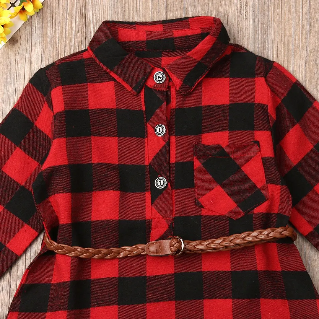 2019 Brand New Christmas Infant Kid Baby Girl Long Shirt Dress Tops Long Sleeve Red Plaid Straight Knee-Length Dress +Belt 0-5Y