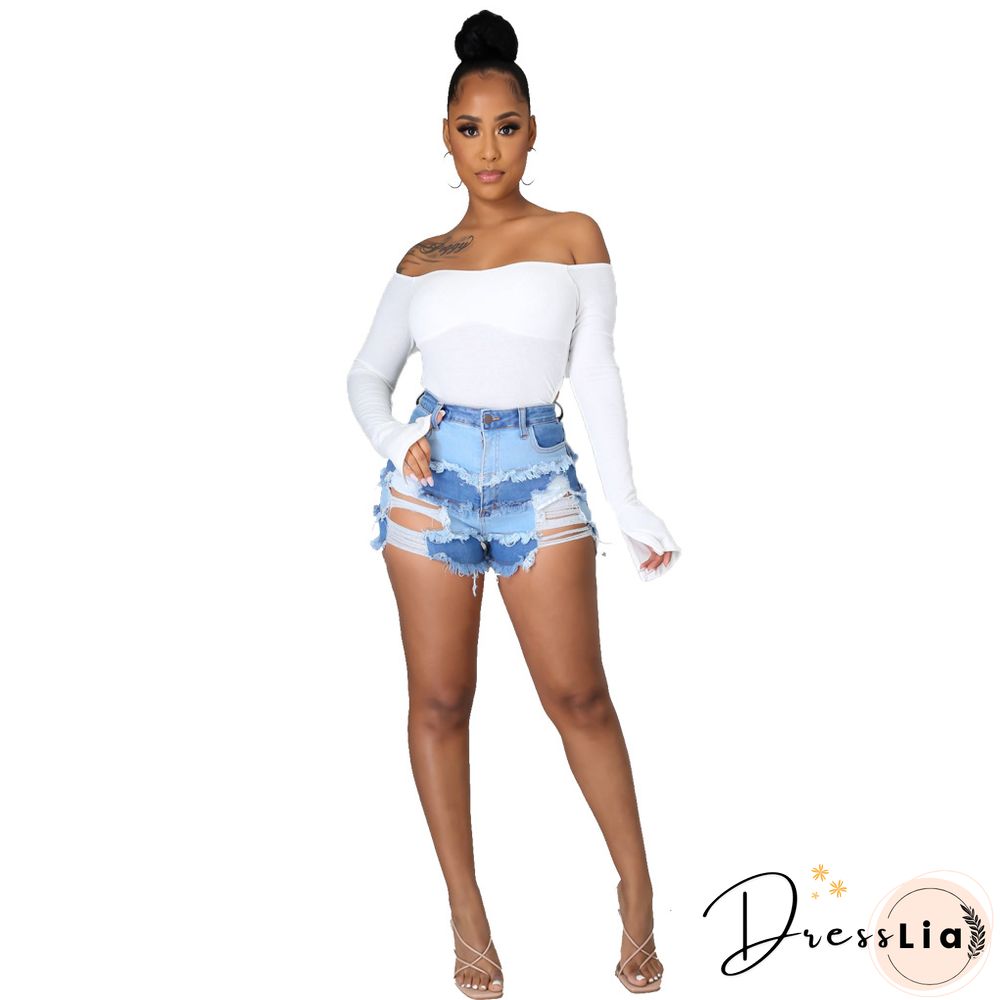 Summer Sexy Patchwork Women Ripped High Waist Holes Stretch Streetwear Plus Size Denim Shorts