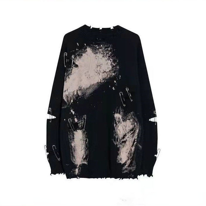Street Loose O-neck Tie Dye Irregular Pins Decor Frayed Long Sleeve Knitted Sweater