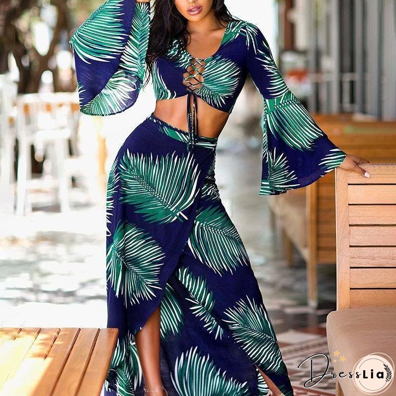 Sexy Two-Piece Lace Up Flare Sleeve Floral Printed Crop Tops Skirts Outfits