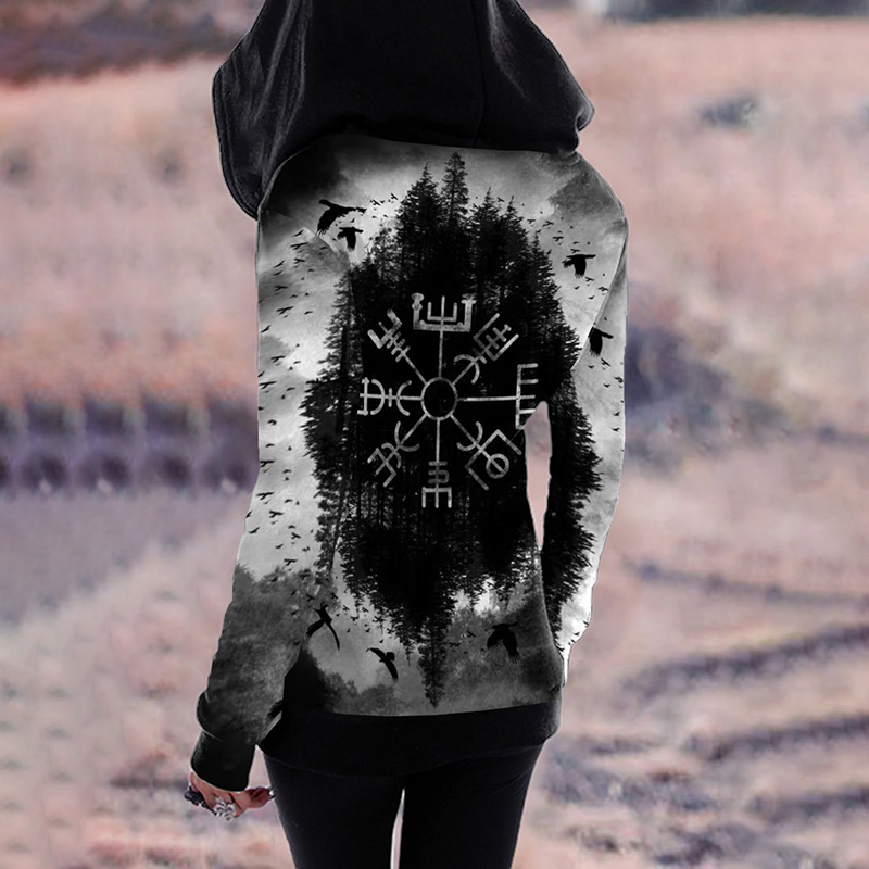 Retro Viking Totem Landscape Print Zip Hoodie elevenforest