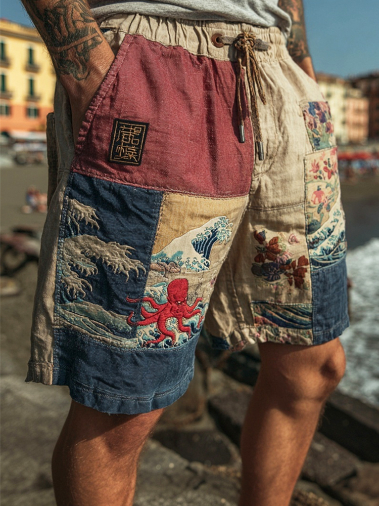 Vintage Japanese Ocean Patchwork Embroidered Men's Linen Shorts
