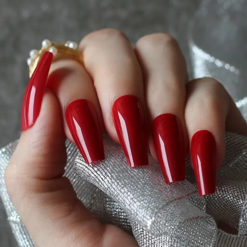 Glossy Ballet false nails red Long coffin Salon art matte Fake nails Transparent rectangle-Nail Inspo