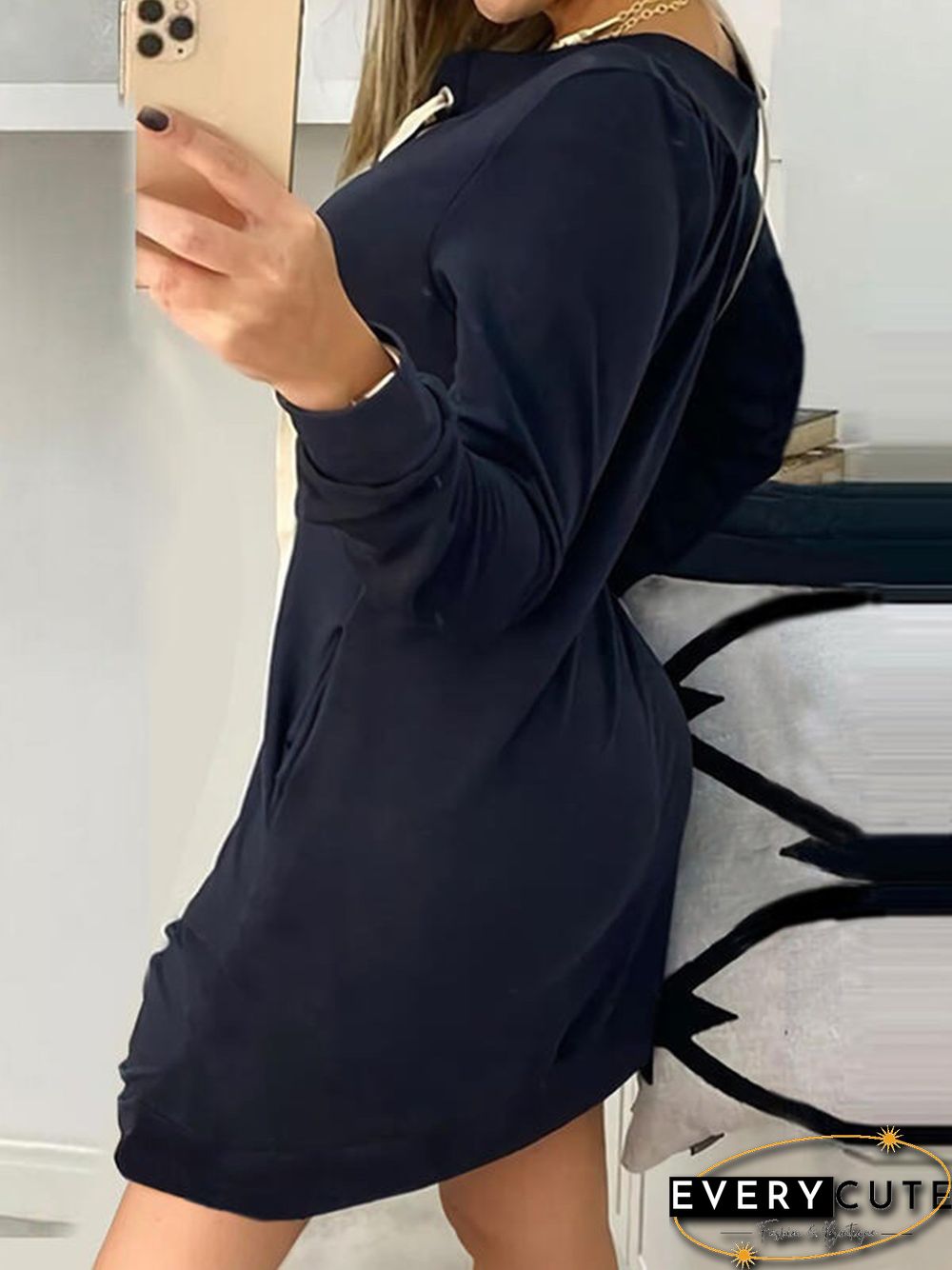 Vintage Plain Lace-up V Neck Long Sleeve Plus Size Casual Sweatshirt Knitting Dress