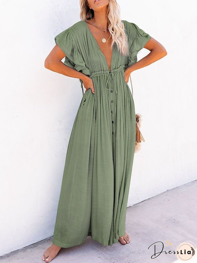 Swing Dress Maxi long Dress Green Orange Rust Red White Black Backless Short Sleeve Solid Color Summer Spring V Neck Boho Beach Loose One-Size for Women