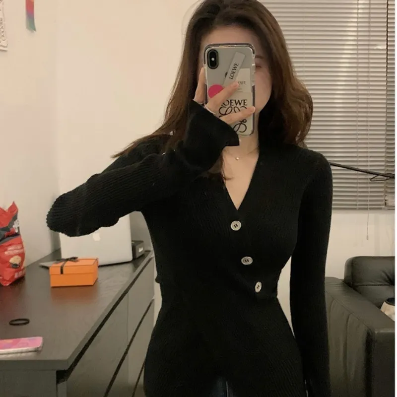Churchf Churchf 2023 Pure And Slim V Neck Sweater Cross A4 Waist Slim Slit Sleeve Knit Long Sleeve Inside