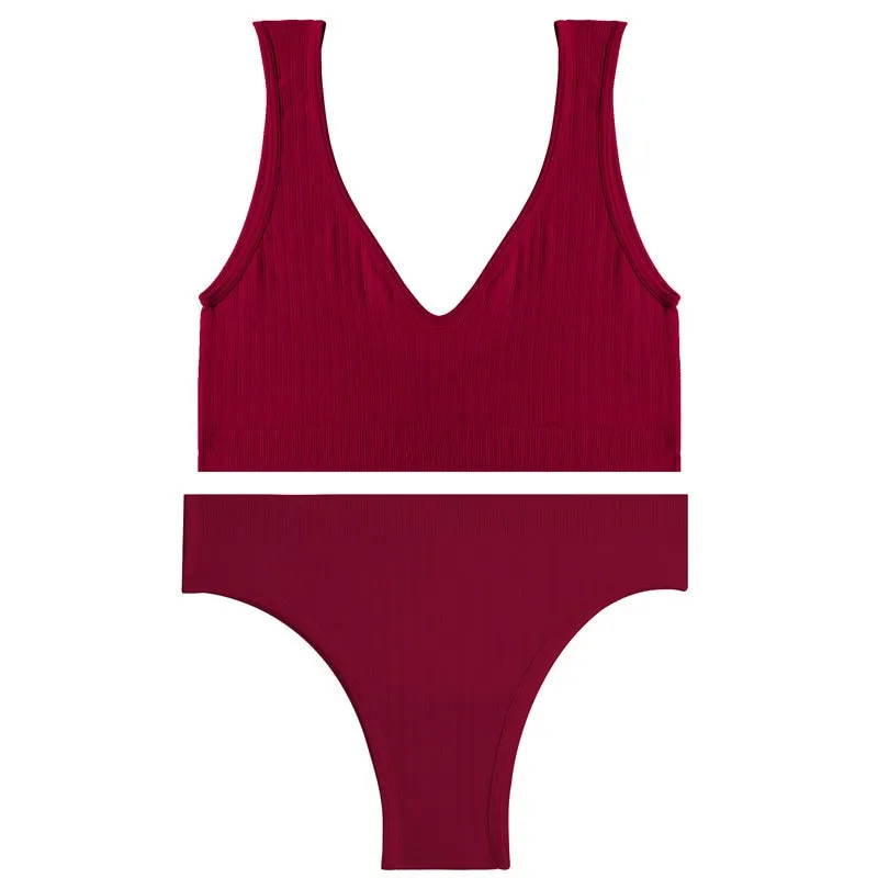 FINETOO Women Seamless Bra Set Deep V Tops Low-Rise Brazilian Panties Ladies Backless Top Soft Underwear Suit Female Lingerie