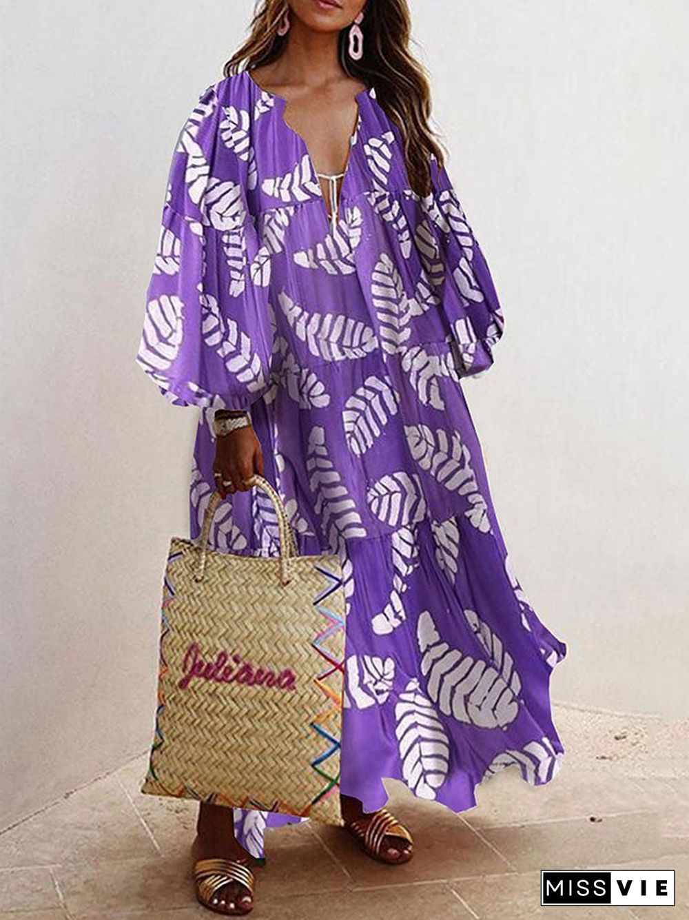 White Leaves Printed Women Purple Long Dress