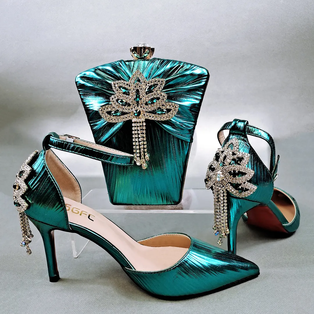 QSGFC 2022 New Arrival Sexy High Heel Pointed Elegant Noble Green Color Ladies Shoes and Bag Set For Any Occasion
