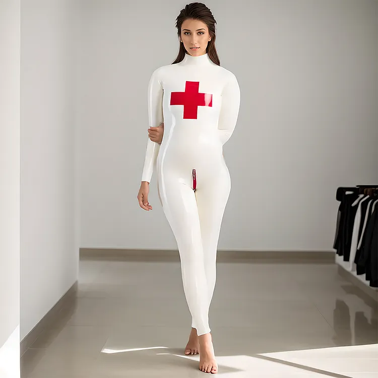 Women Latex Catsuit Latex catsuit for nurse Ultimate Latex Catsuit Experience with Red Cross & Crotch Zipper cosplay