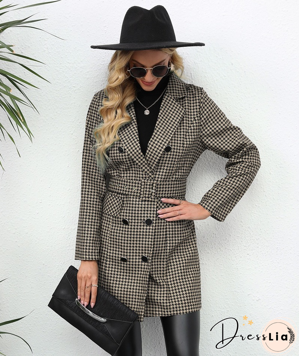 Fashion Houndstooth Printed Suit For Women Fall/Winter Casual Slim Double-breasted Pocket Lapel Long Trench Coat With Belt