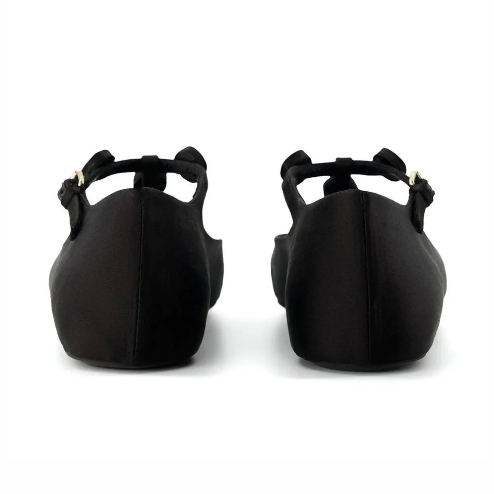 Black Satin Square Toe Rhinestone Ballet Flats with Buckle