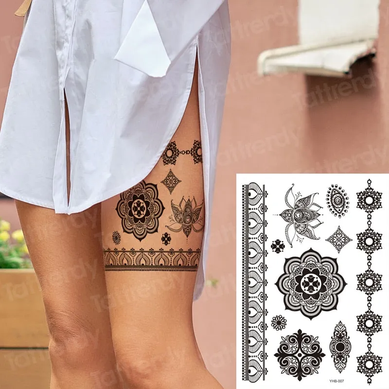 stockings tattoo legs black henna lace legging tatoo thigh hand rose flower jewelry stickers indian arabic water body decal