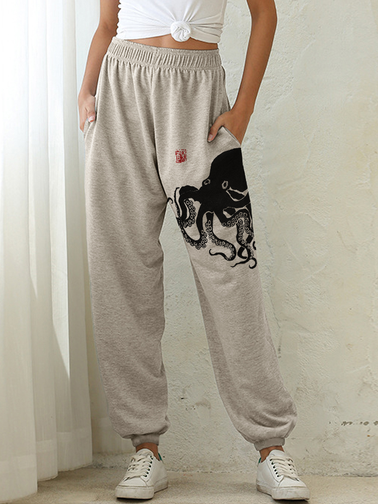 Octopus Japanese Lino Art Cozy Sweatpants elevenforest