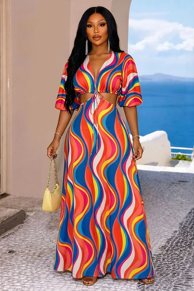 Deep V Neck Cut Out Colorblock Vacation Maxi Dresses-Multicolor [Pre Order]