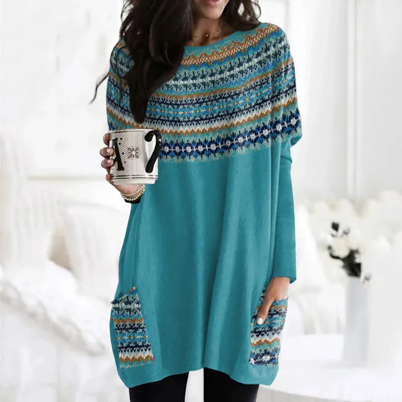 Vintage Icelandic Tribal Graphic Knit Warm Crew Neck Midi Sweater Dress