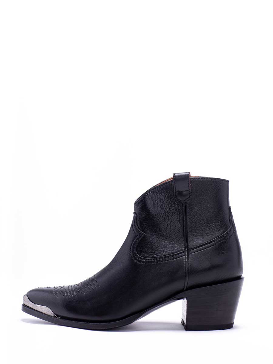 Black Vegan Leather Pointed Toe Chunky Heel Cowgirl Ankle Boots Nicepairs