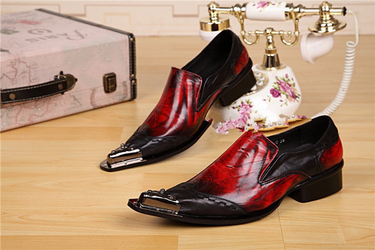 GOOSHOE Big Size Metal Pointed Toe Man Shoes Male Leather Shoes Men's Black And Red Shoes