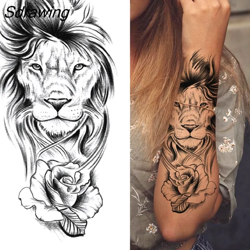 Sdrawing Tiger Temporary Tattoos For Men Women Kids Lion Skull Cross Tattoo Sticker Black Compass Skeleton Tatoos Leg Thigh 328-0