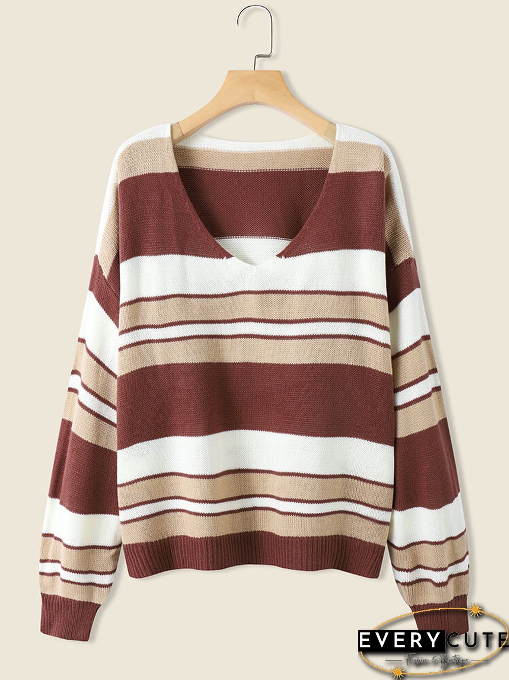 Ombre Stripe Loose Dropped Shoulder V-neck Long Sleeve Sweater
