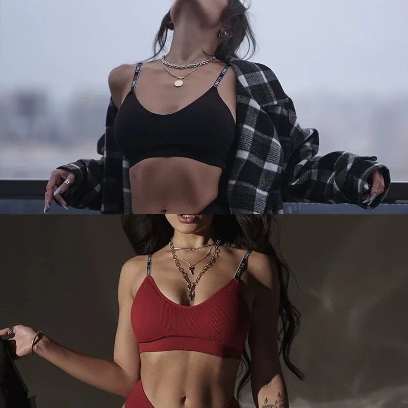 FINETOO Women Seamless Gathering Bralette Push Up Bra Sexy Girls Letter Strap Bralette Wireless Brassiere Female Intimates M-2XL