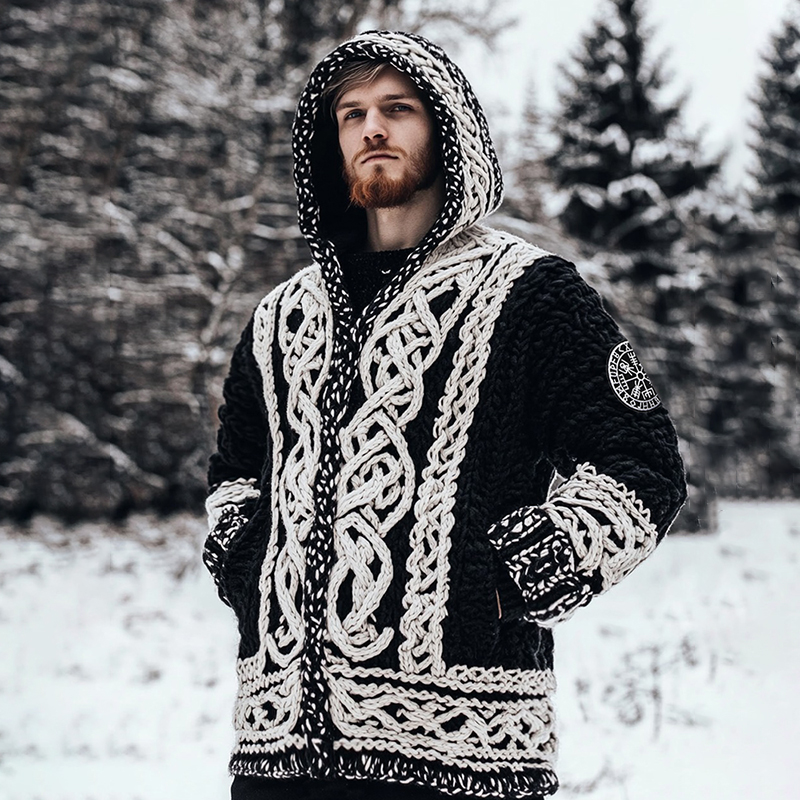 Men's Viking Tribal Celtic Jacquard Chunky Knit Zipper Hooded Cardigan