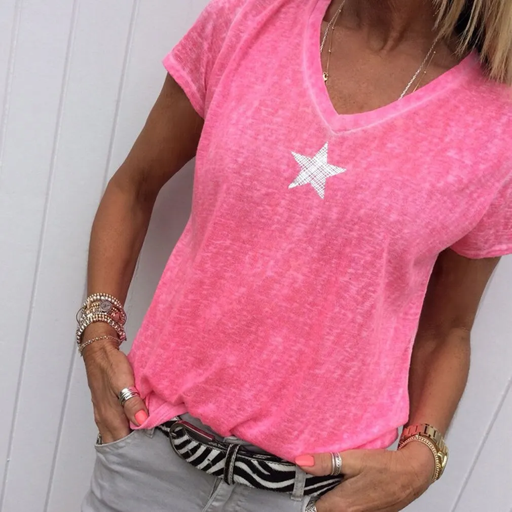 Women Short Sleeve Female 2021 Summer V Neck Tops Casual T Shirts Basic Tops Pentagram Bamboo Fiber Women's Tees Plus Size 5XL