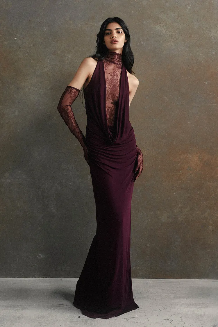 Evelyn Plunging Cowl Lace Bodice Maxi Dress