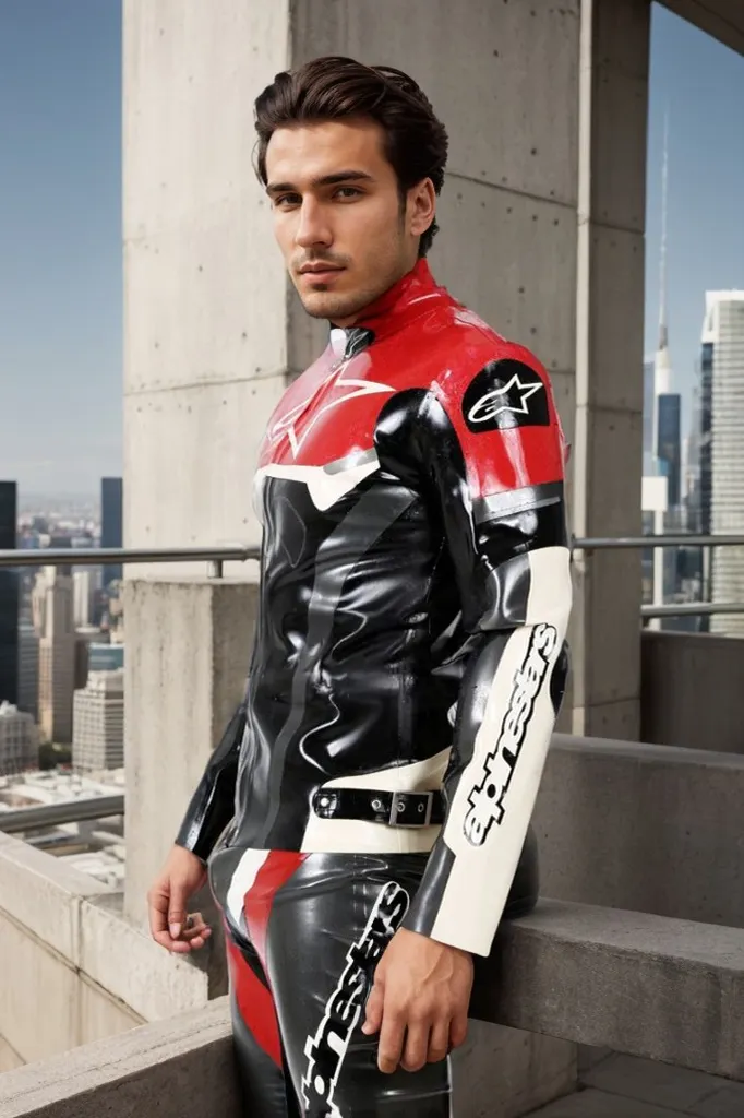 Men Latex Jacket Red Black Biker Motorcycle 