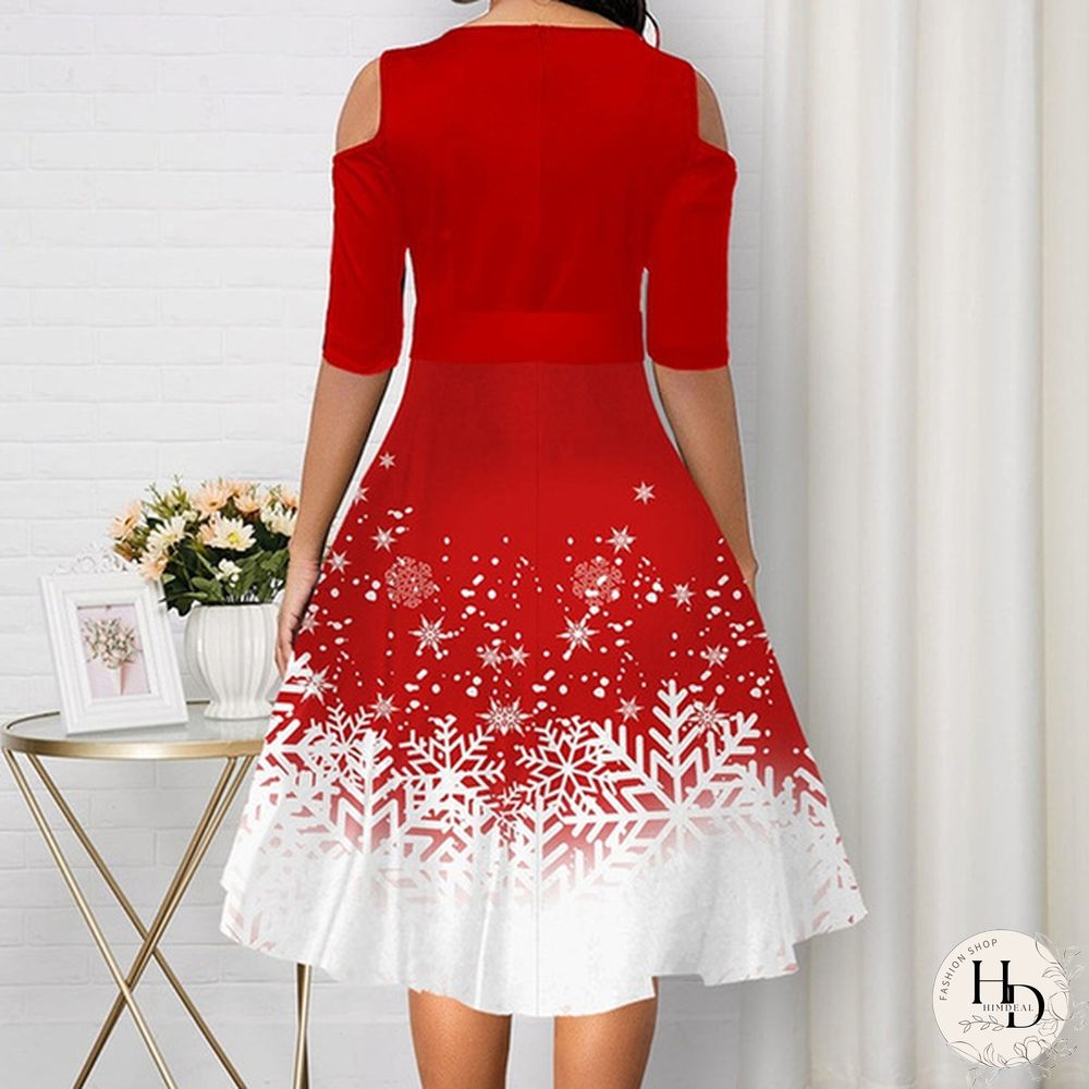 New Arrival Women Belted Snowflake Print Cold Shoulder Round Neck Elegant Dress Plus Size Fashion Christmas Party Dress S-5Xl