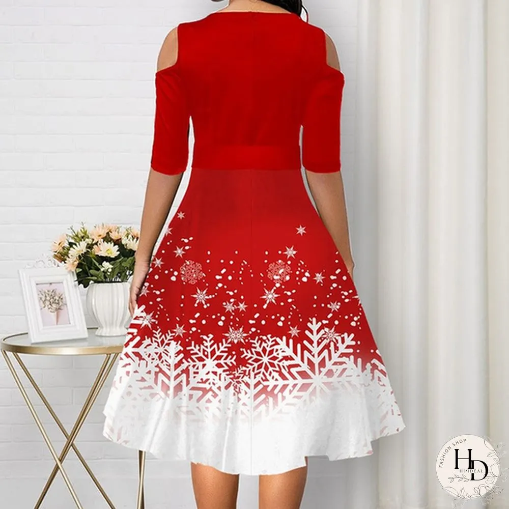 New Arrival Women Belted Snowflake Print Cold Shoulder Round Neck Elegant Dress Plus Size Fashion Christmas Party Dress S-5Xl