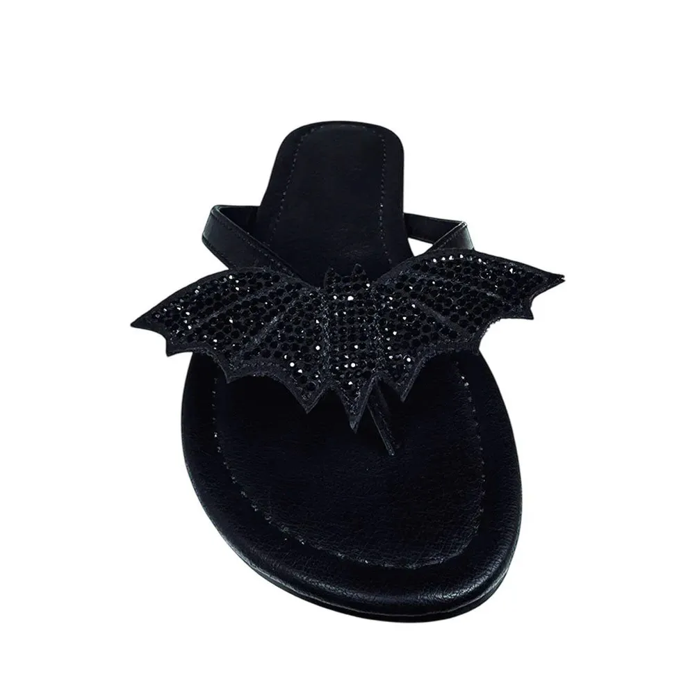 Open Toe Flat Bat Rhinestone Flip Flops Black Sandals for Women