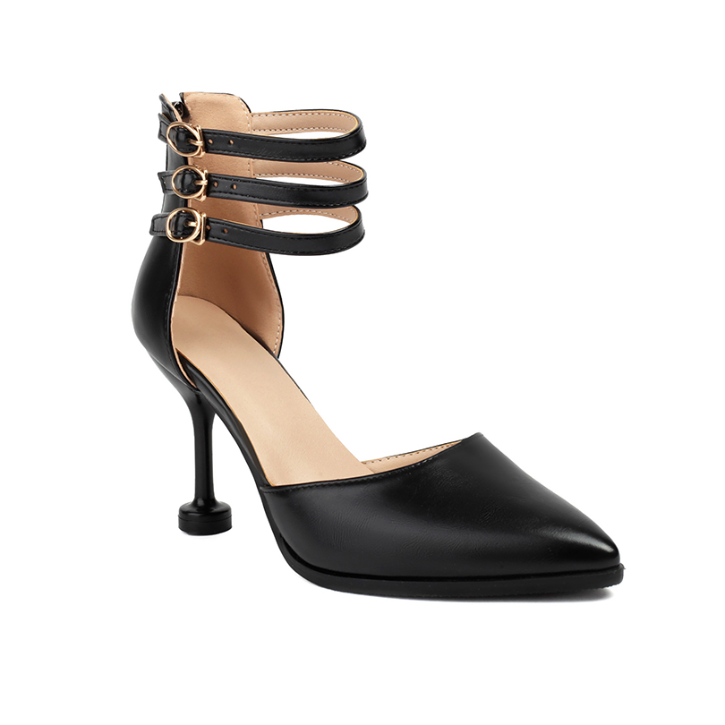 GOOSHOE Ankle Three Row Small Buckle Shallow Cut Hollow Ultra-High Round Heel Sandals Pointed Back Zipper Sandals
