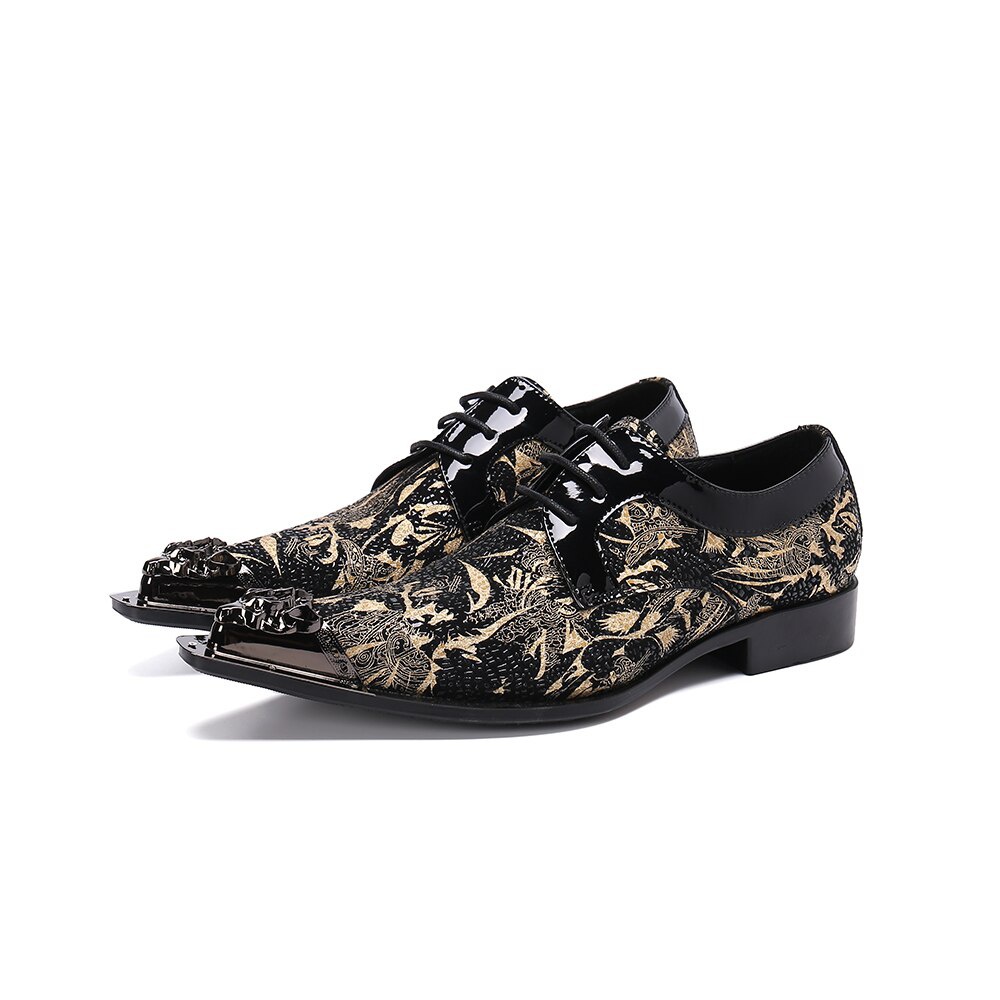 GOOSHOE Gold Print Metal Pointed Toe Men Oxfords Shoes Plus Size Men's Formal Shoes Lace Up Man Dress Shoes