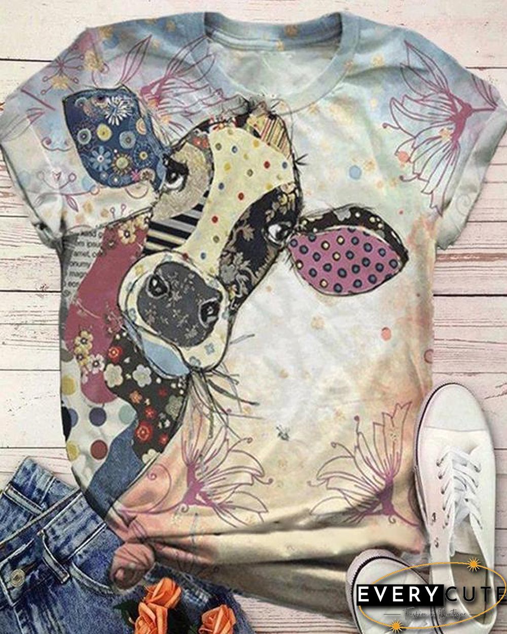 Plus Size Animal Printed Short Sleeve Crew Neck Casual Shirts & Tops