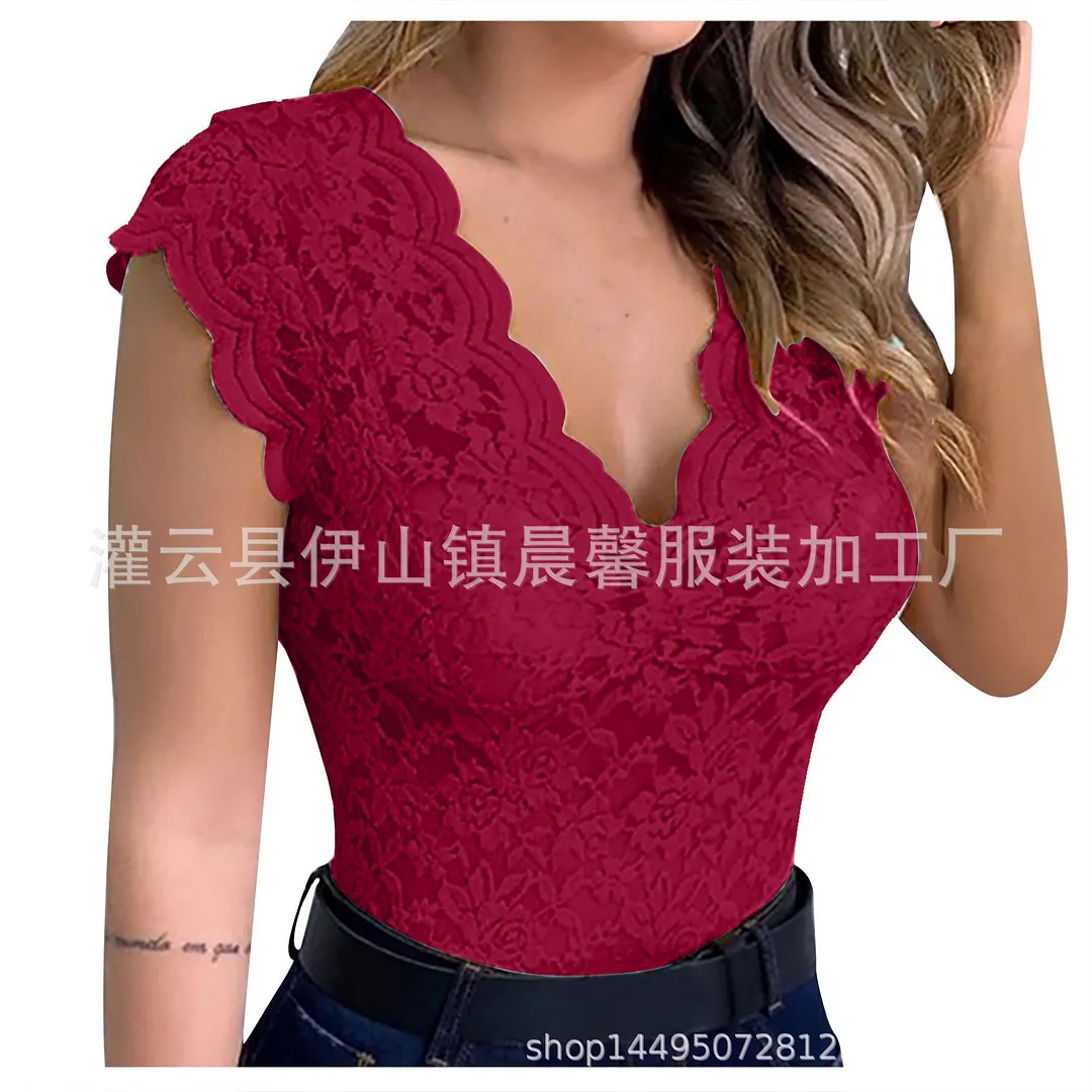 Churchf 2024Wish New Lace Lace T-Shirt T-Shirt Blouse Rose Straight Close Sexy Pajamas