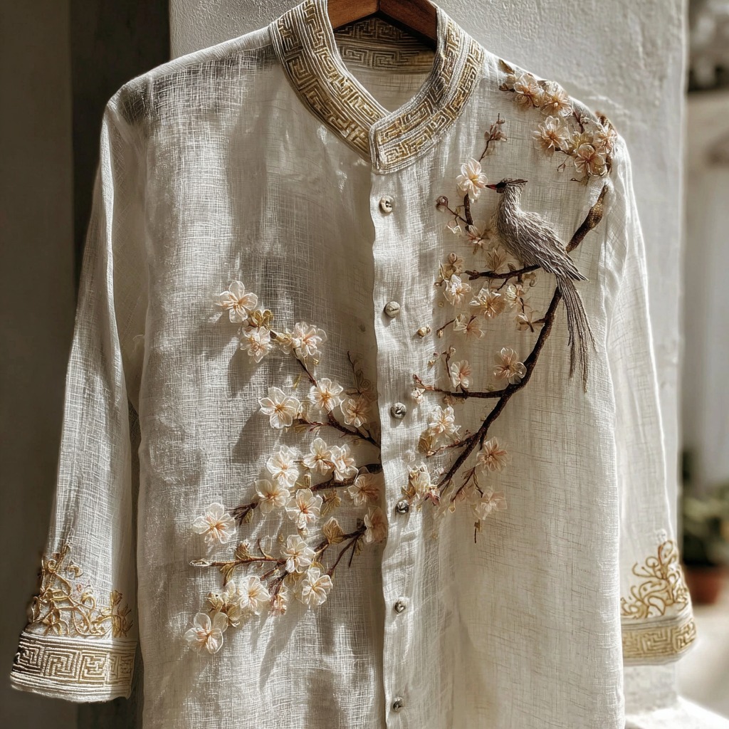 Japanese Cherry Blossom & Crane Art Linen Blend Shirt elevenforest