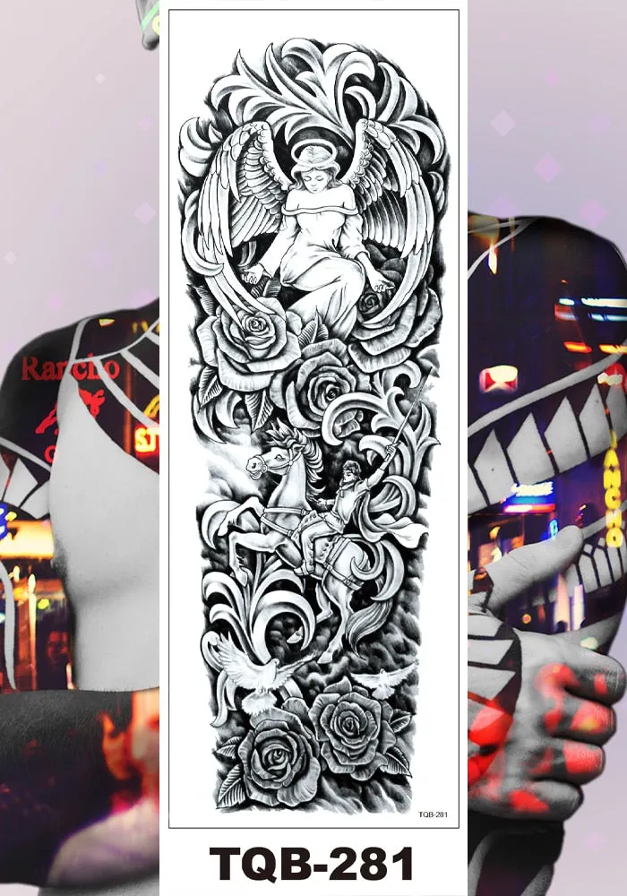 Full Flower Arm Temporary Tattoos Stickers Man Woman Girls Leg Fake Tatoo Lotus Buddhism Pray Cross Wing Drop Shipping DIY