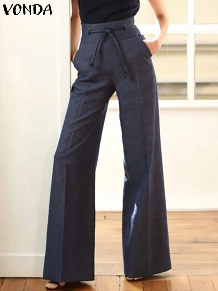 Casual Solid Color Pants 2022 VONDA Women Casual High Waist Zipper Long Trousers Wide Leg Pants Palazzo Pants Pantalon Femme