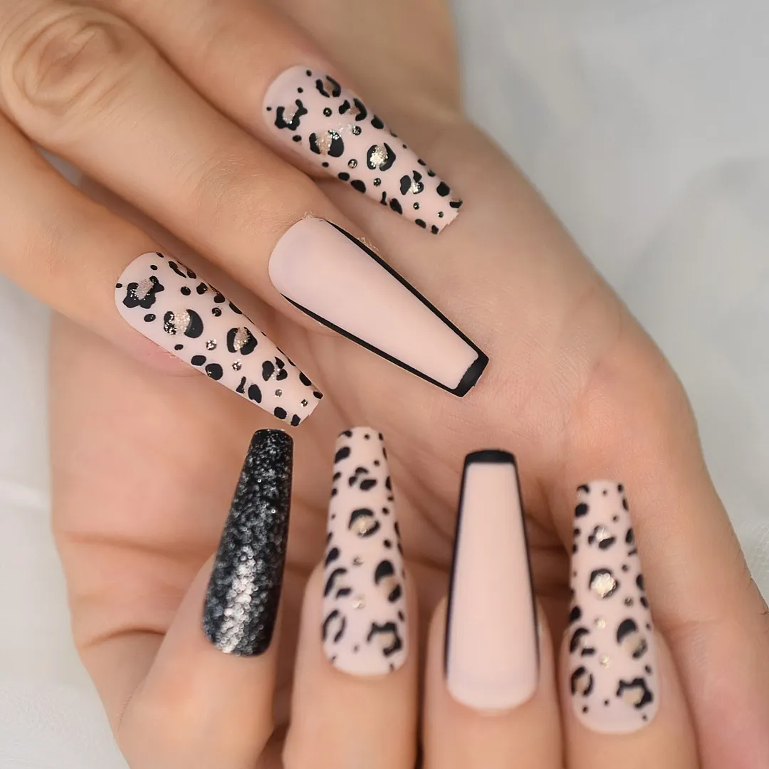 Glitter Nails Tips With Design Charms Leopard Wild Supplies For Professionals Press On Nails Coffin Extra Long EchiQ Nails Set-Nail Inspo