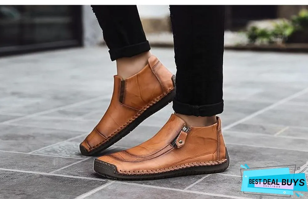 Men Boots Split Leather Ankle Snow Boots Warm Fur Men's Shoes Plush Winter Autumn Driving Shoes