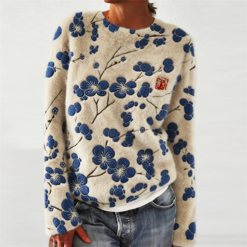 Japanese Plum Blossom Lino Embroidered Cozy Plush Sweatshirt