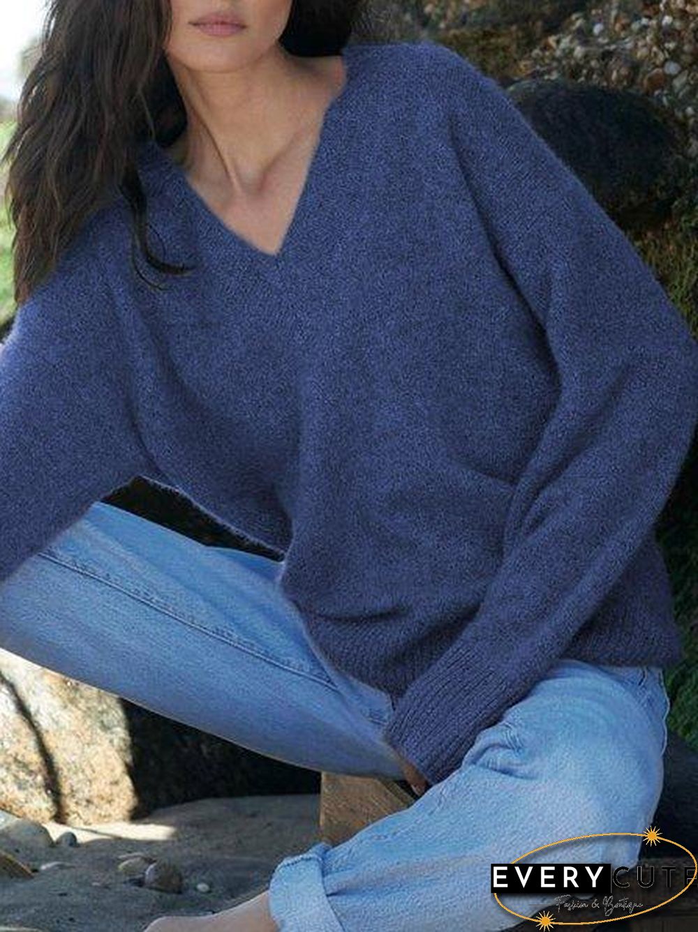 Shift Casual V Neck Solid Sweater